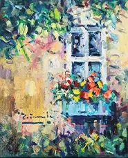 Obra titulada «Ventana y flores» de Pedro Fraile