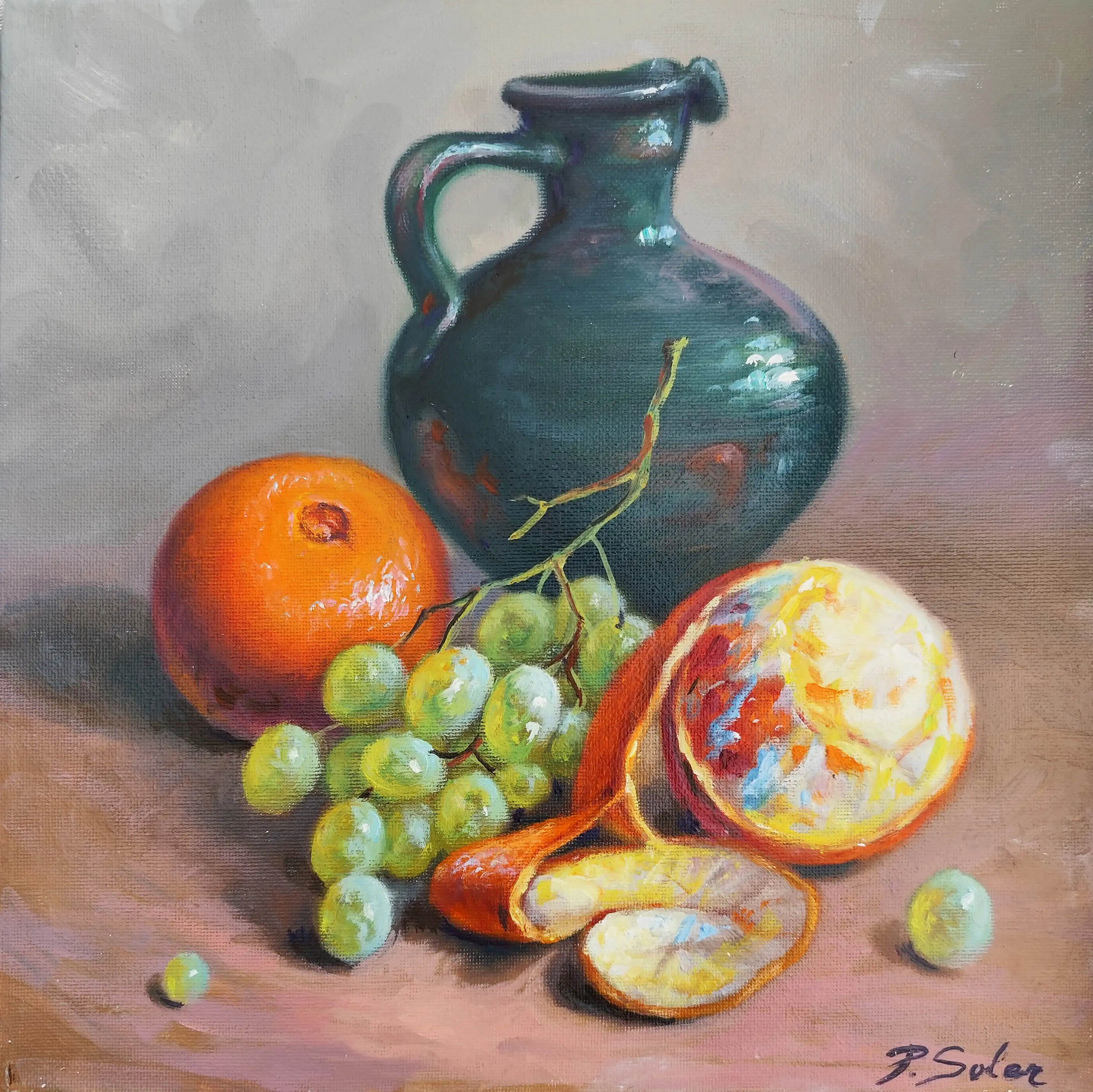 Obra titulada «Jarro con naranjas y uvas» de Juanin Soler