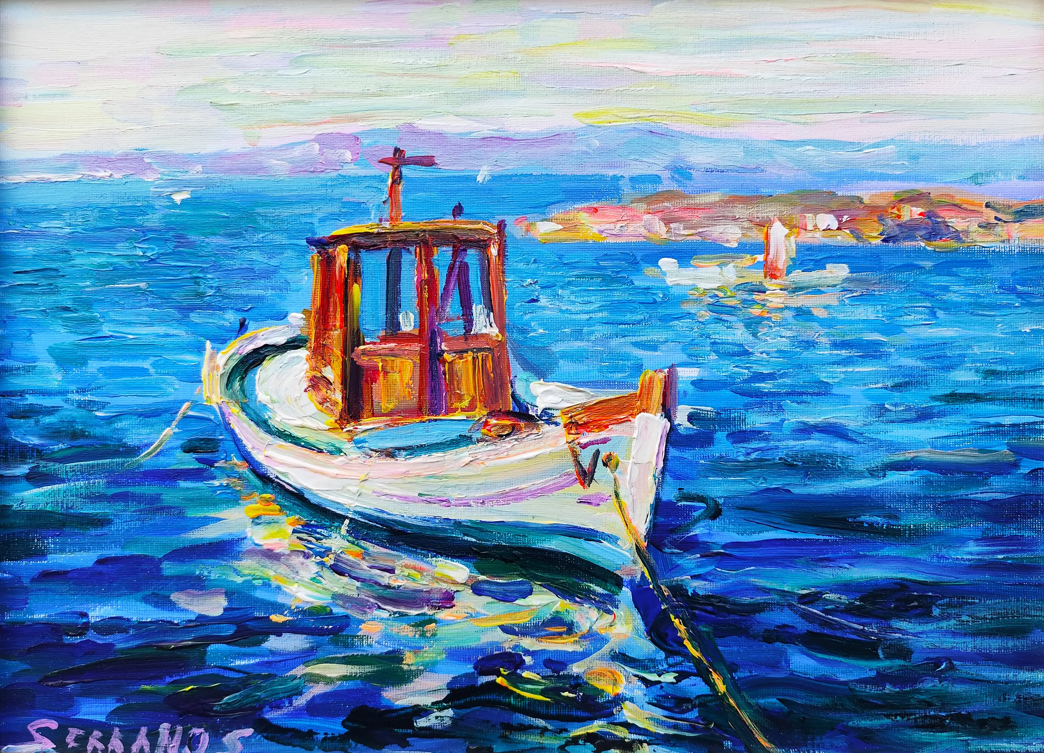 Obra titulada «Barca en el muelle» de Serranos