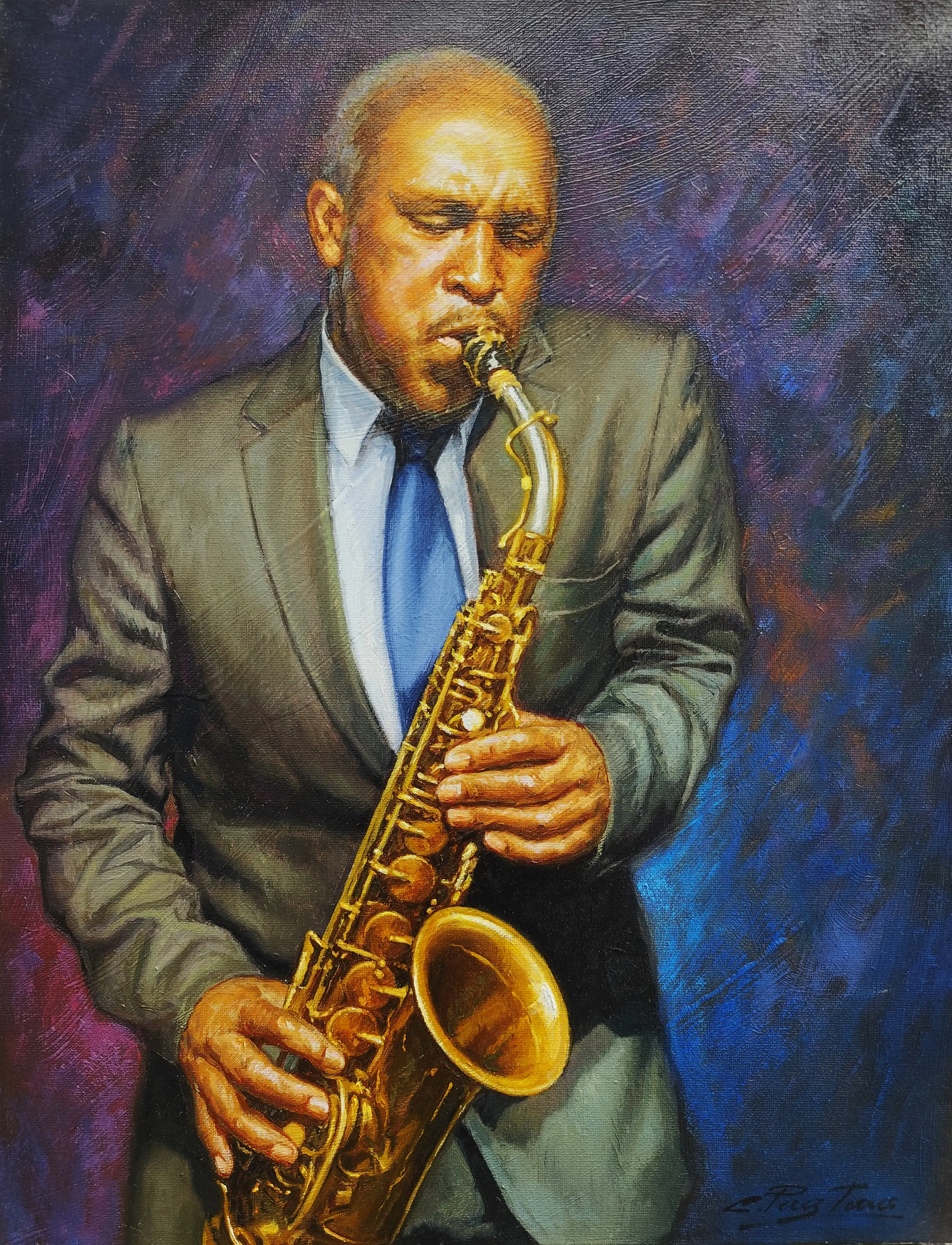 Obra titulada «Saxofonista» de Cesar Pérez Torres