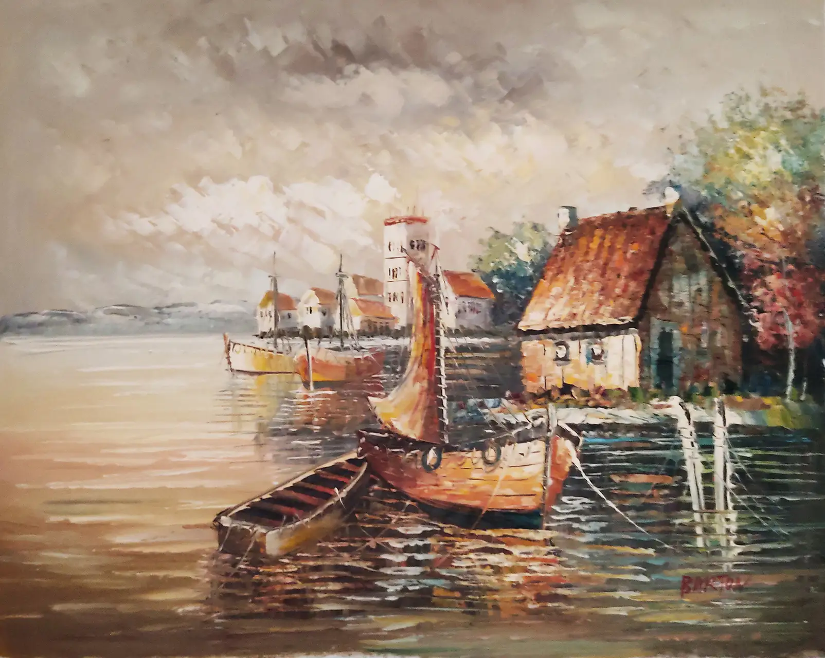 Obra titulada «Barcas al atardecer» de Barton