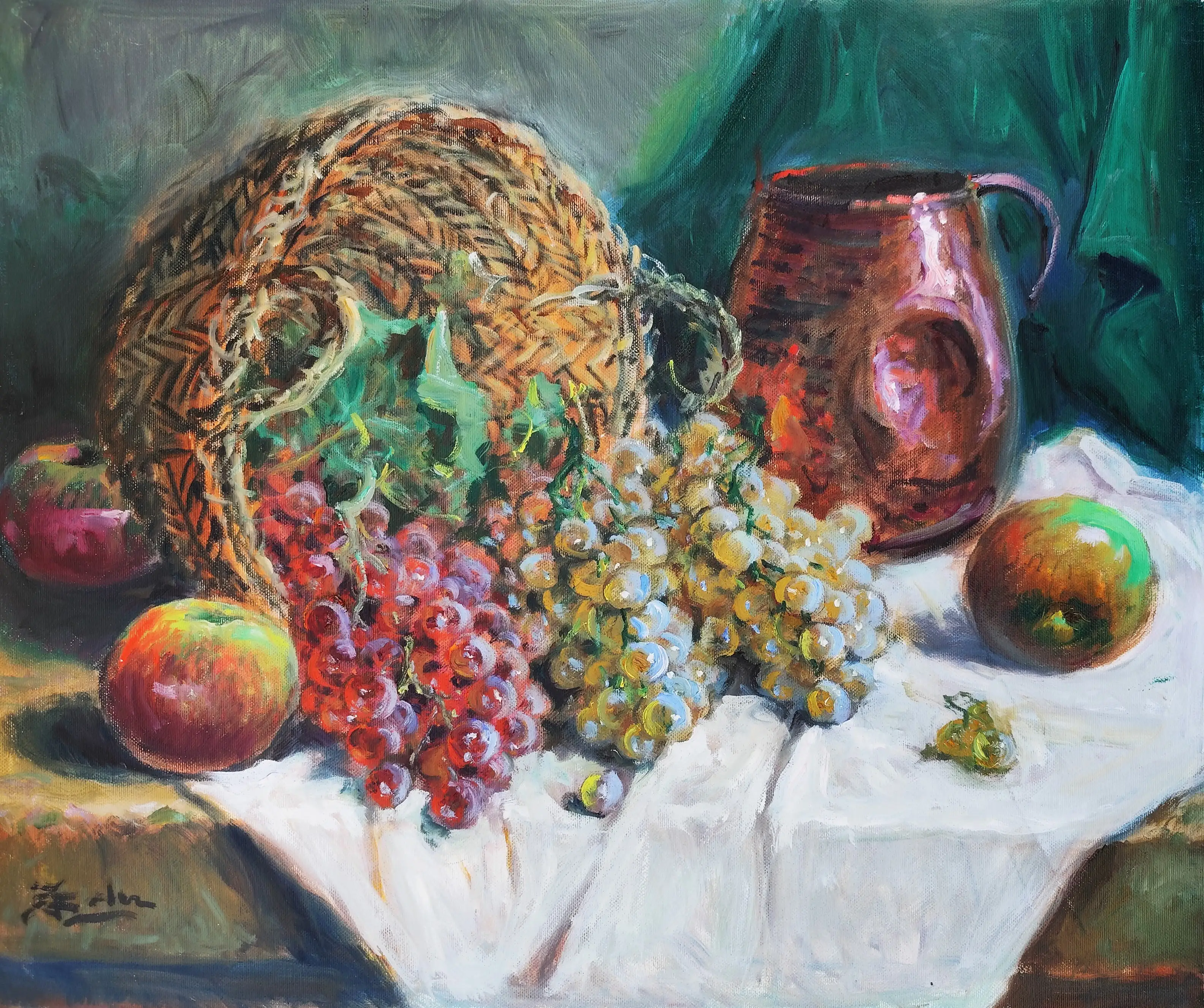 Obra titulada «Bodegón con canasto y frutas» de Juan Soler