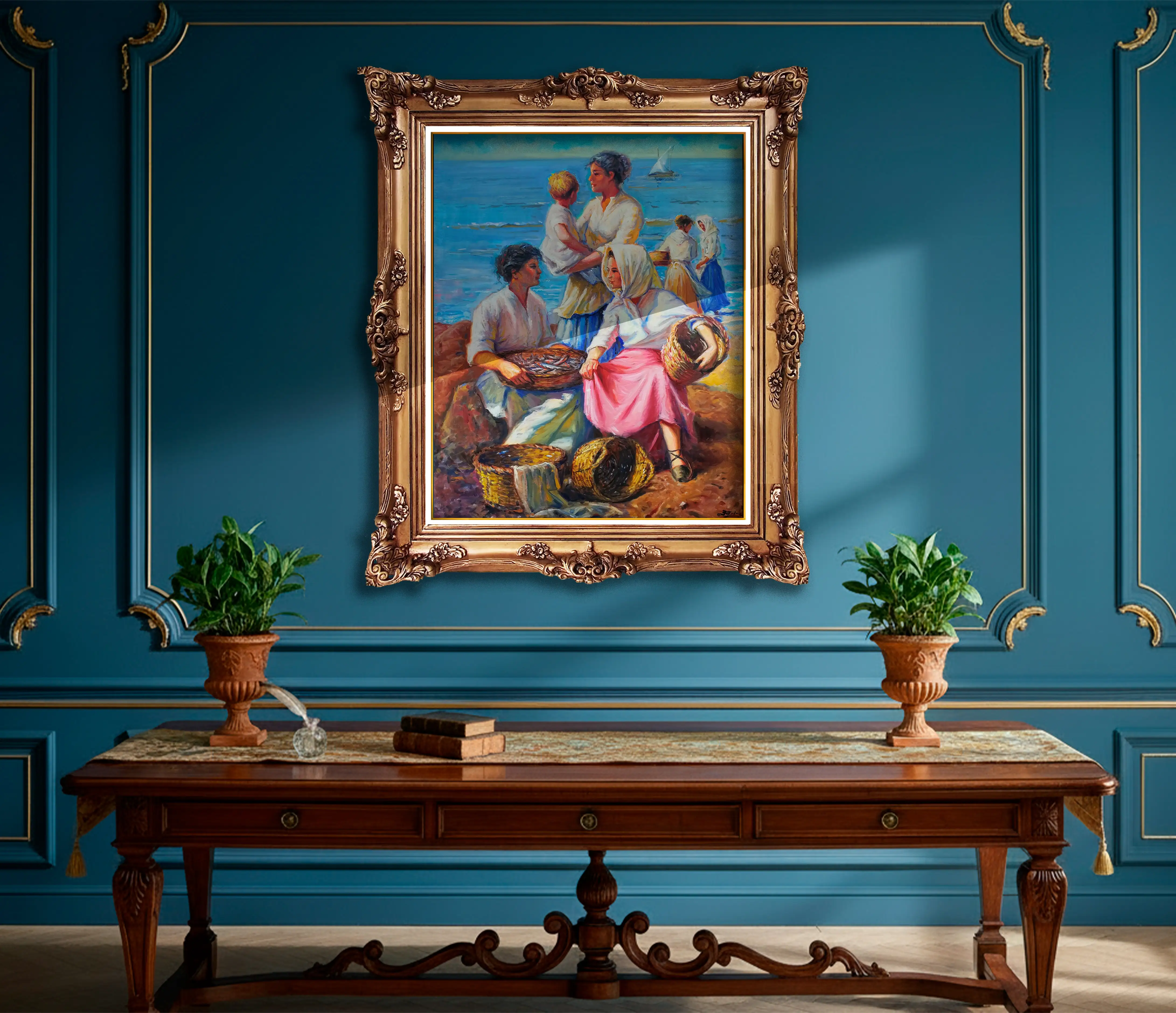 Mockup de la obra «Grupo de pescadoras» de Juan Soler