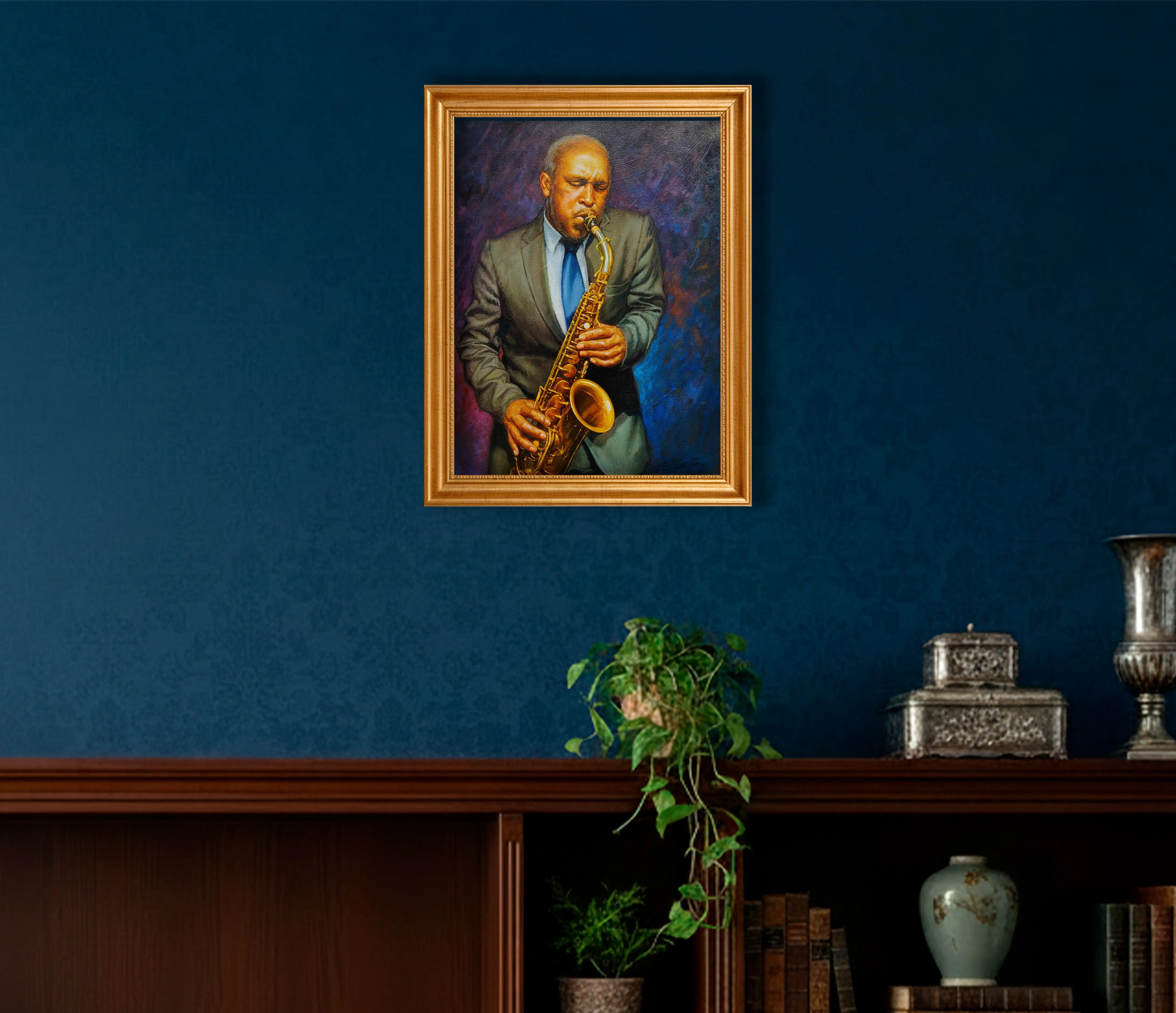 Mockup de la obra «Saxofonista» de César Pérez Torres