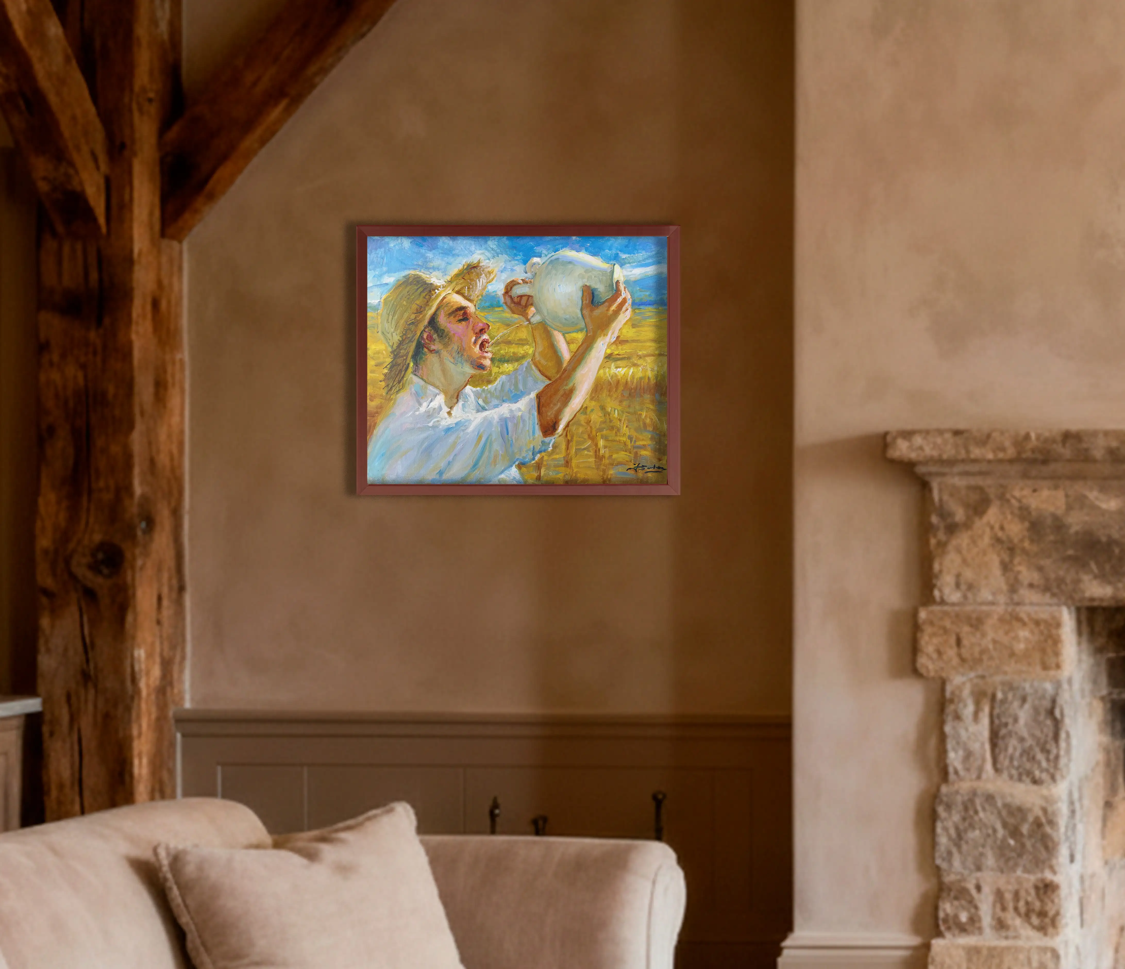 Mockup de la obra «Hombre con botijo» de Juan Soler