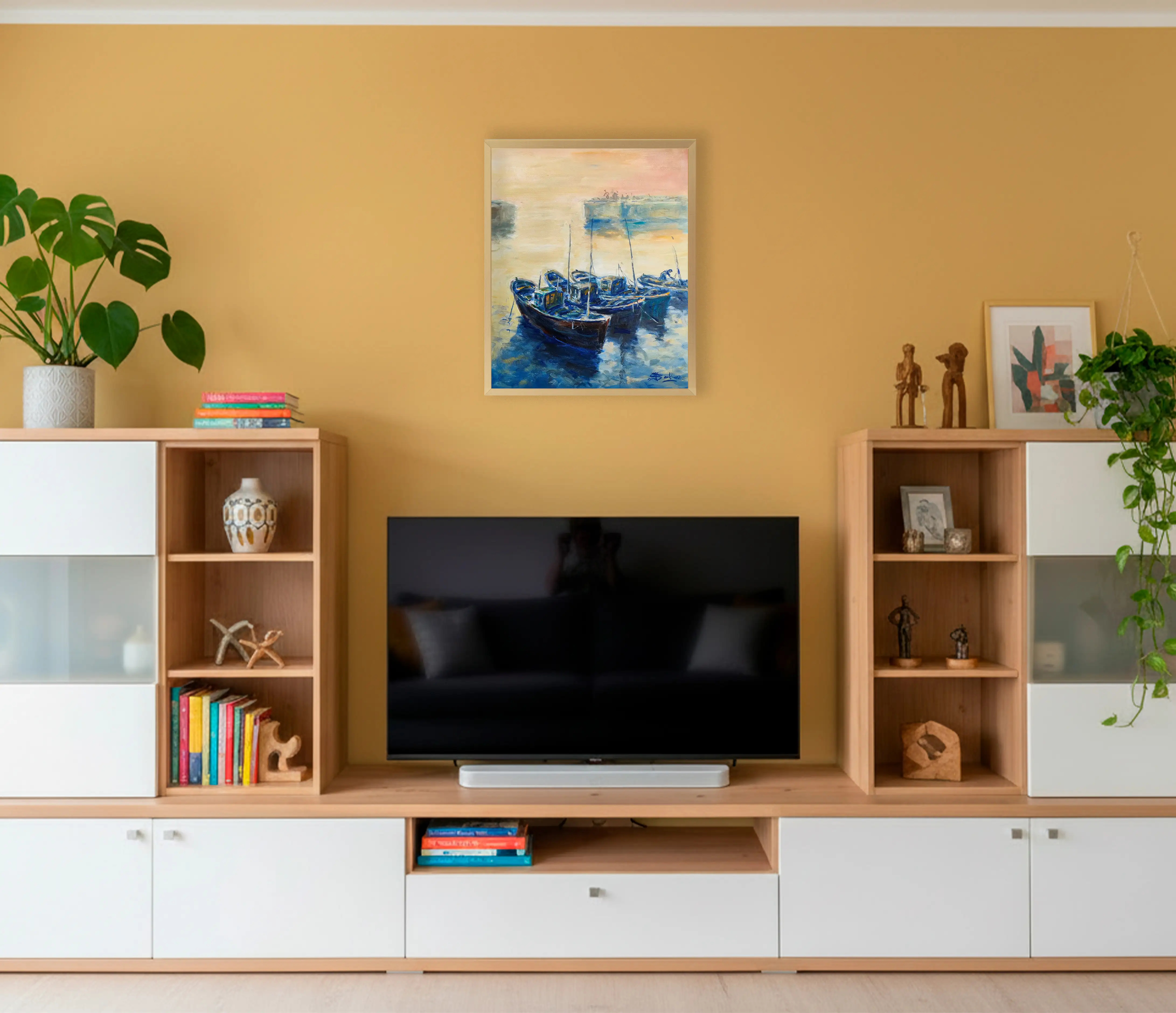 Mockup de la obra «Barcas en el puerto» de Juan Soler