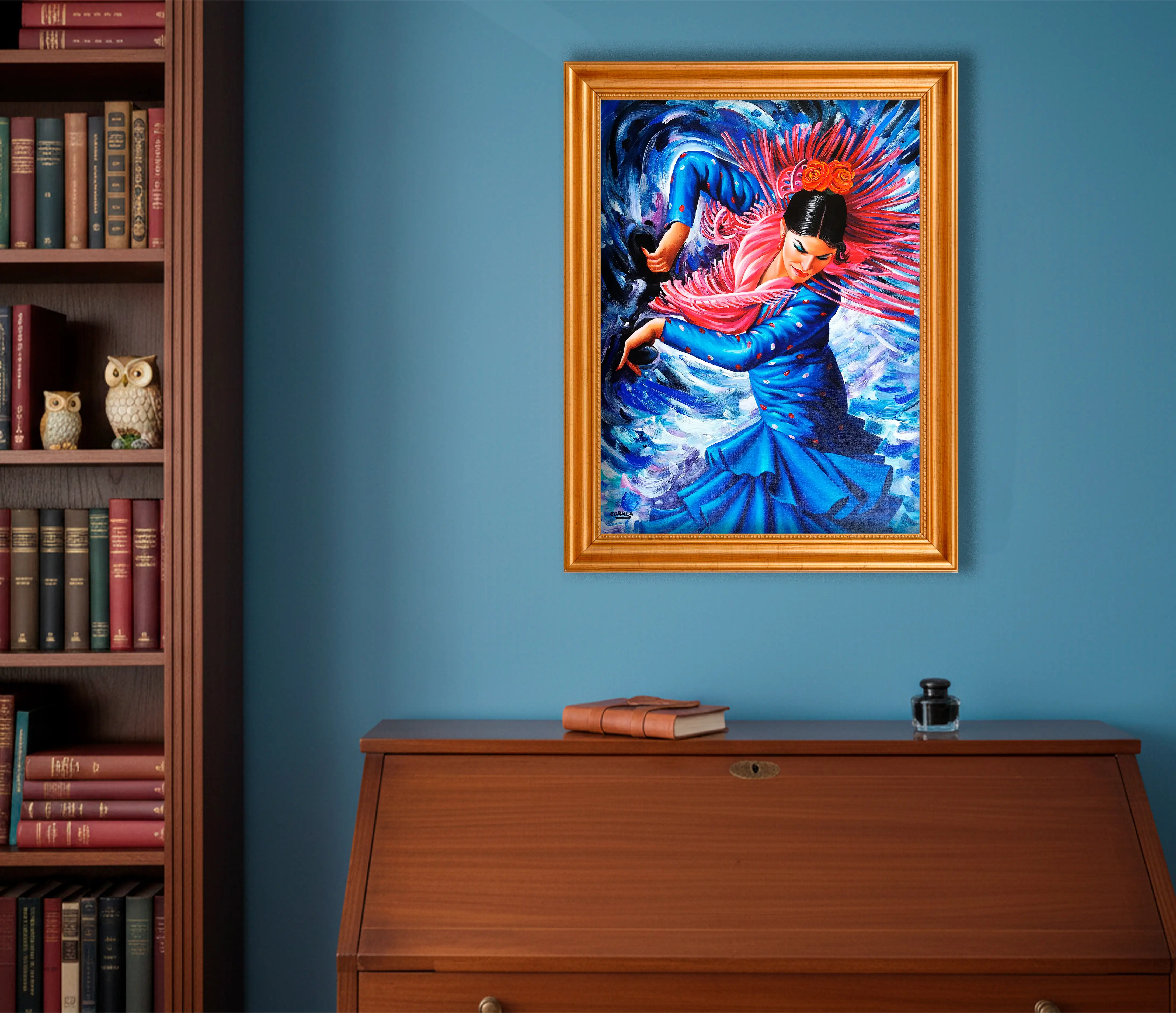 Mockup de la obra «Bailadora con vestido azul» de Manuel Correa